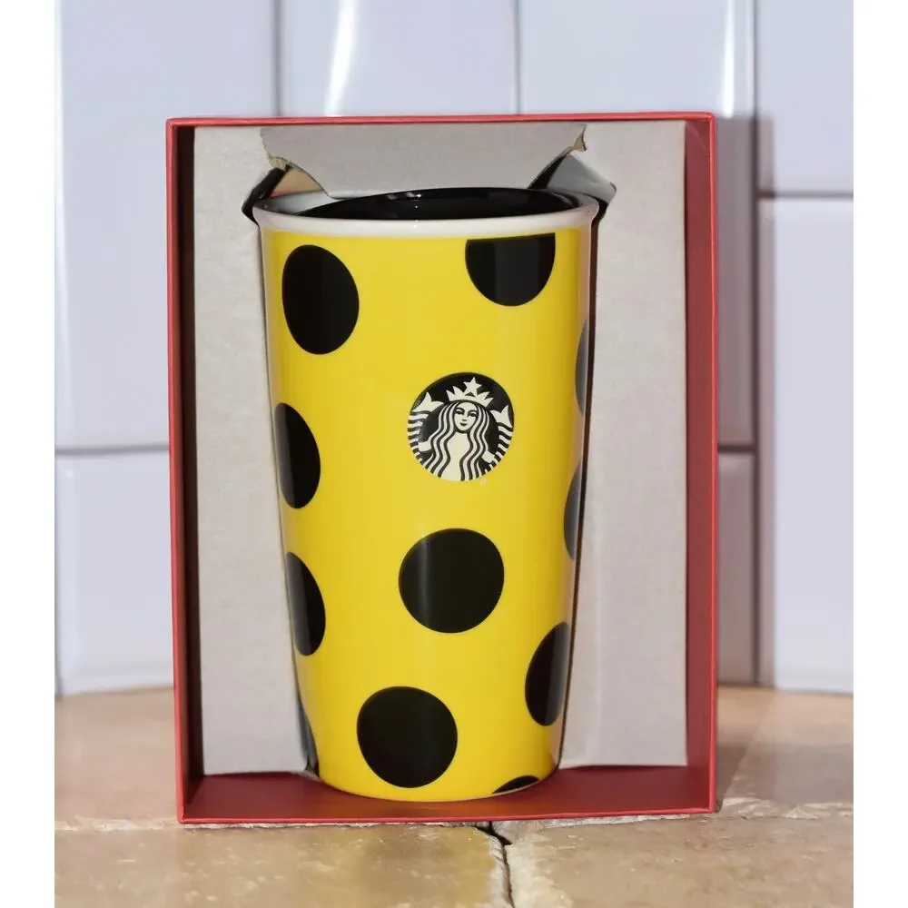 2015 STARBUCKS Siren Yellow w/ Black polka dots Ceramic Travel Cup/Mug 12oz NWT